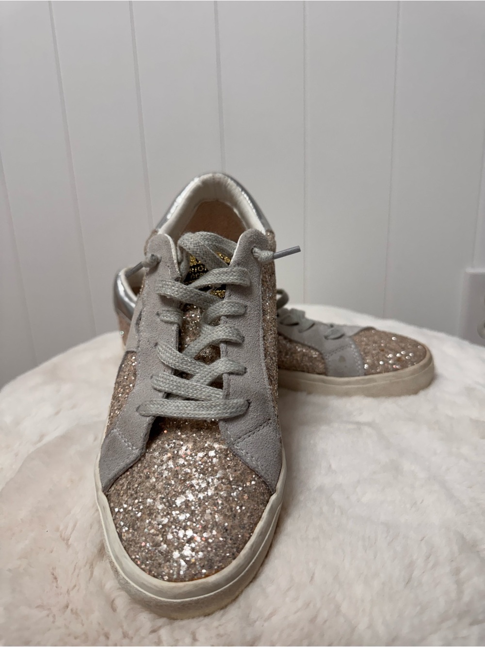 Vintage Havana Glitter Lace-Up Sneakers in Rose Gold and Gray Suede
